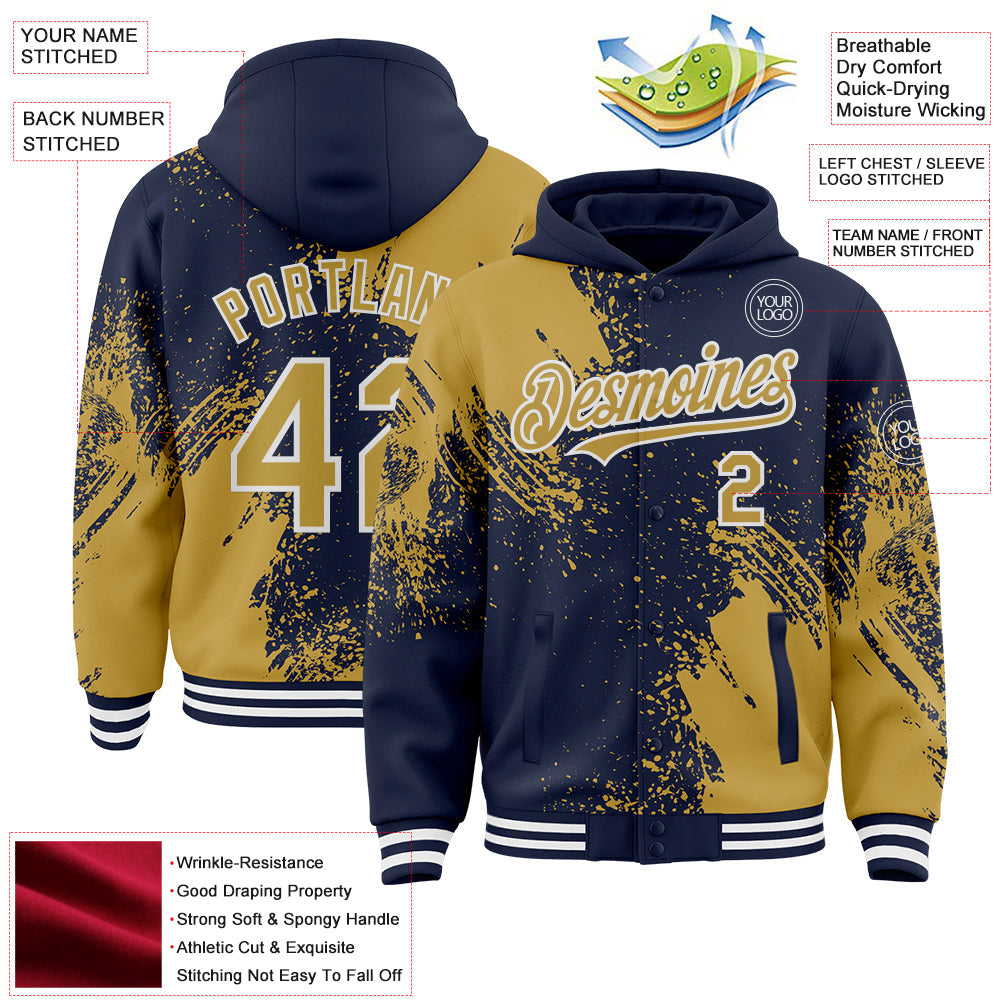 Custom Navy Old Gold-White Abstract Brush Stroke 3D Pattern Design Bomber Full-Snap Varsity Letterman Hoodie Jacket view 4