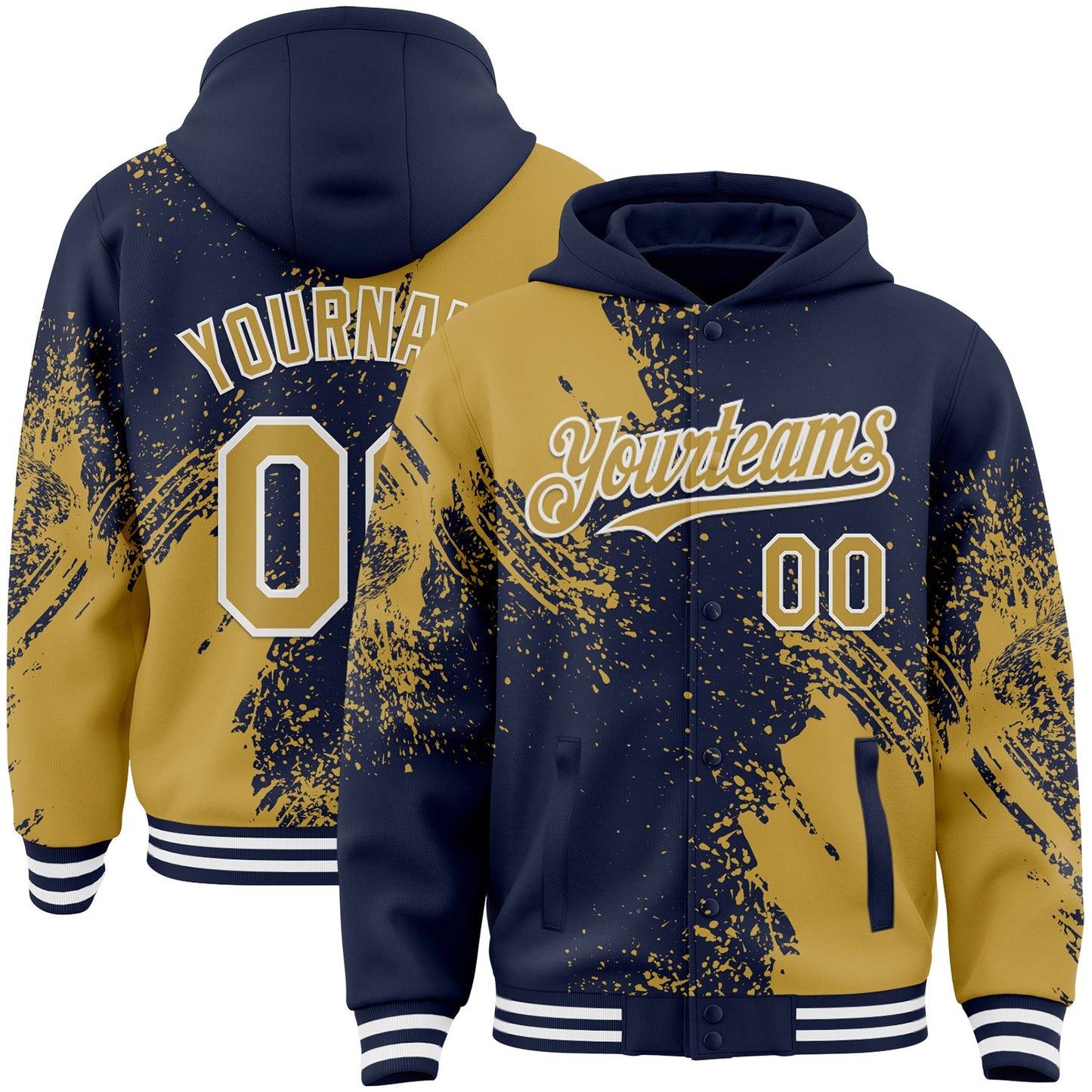 Custom Navy Old Gold-White Abstract Brush Stroke 3D Pattern Design Bomber Full-Snap Varsity Letterman Hoodie Jacket - Main View