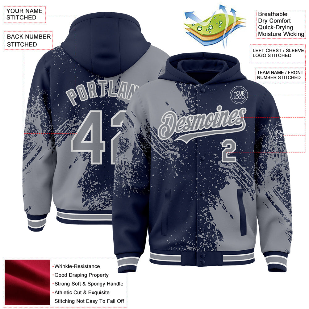 Custom Navy Gray-White Abstract Brush Stroke 3D Pattern Design Bomber Full-Snap Varsity Letterman Hoodie Jacket view 4