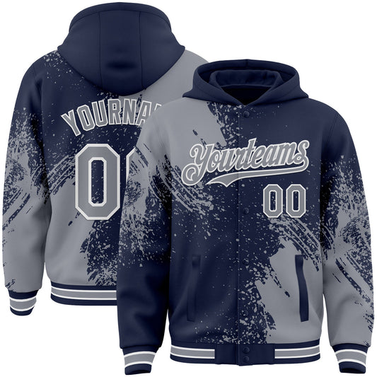 Custom Navy Gray-White Abstract Brush Stroke 3D Pattern Design Bomber Full-Snap Varsity Letterman Hoodie Jacket - Main View