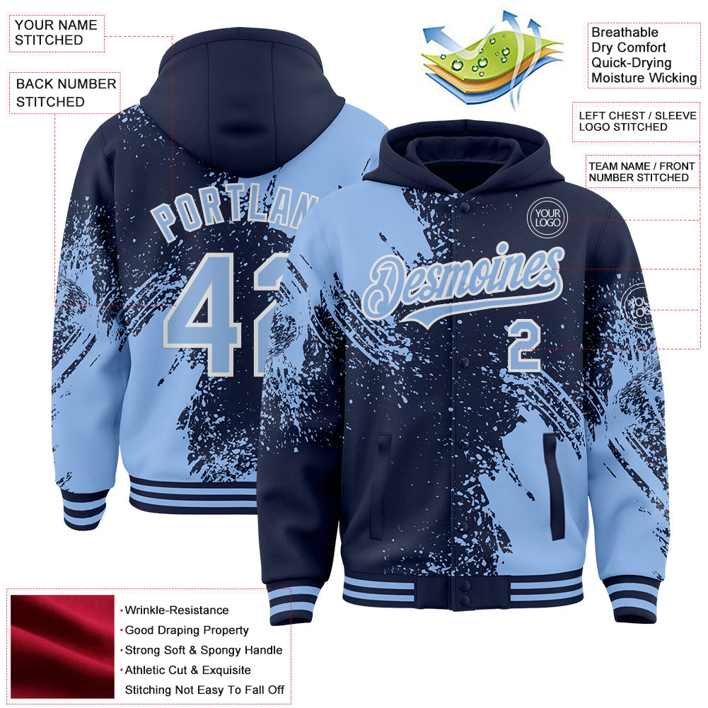 Custom Navy Light Blue-White Abstract Brush Stroke 3D Pattern Design Bomber Full-Snap Varsity Letterman Hoodie Jacket view 4