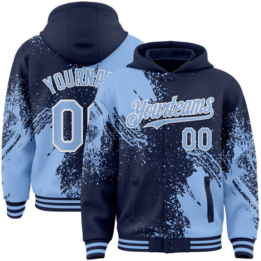 Custom Navy Light Blue-White Abstract Brush Stroke 3D Pattern Design Bomber Full-Snap Varsity Letterman Hoodie Jacket - Main View