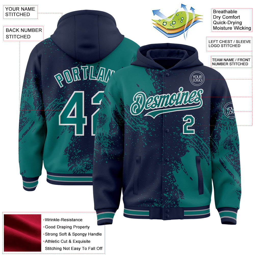 Custom Navy Teal-White Abstract Brush Stroke 3D Pattern Design Bomber Full-Snap Varsity Letterman Hoodie Jacket view 4