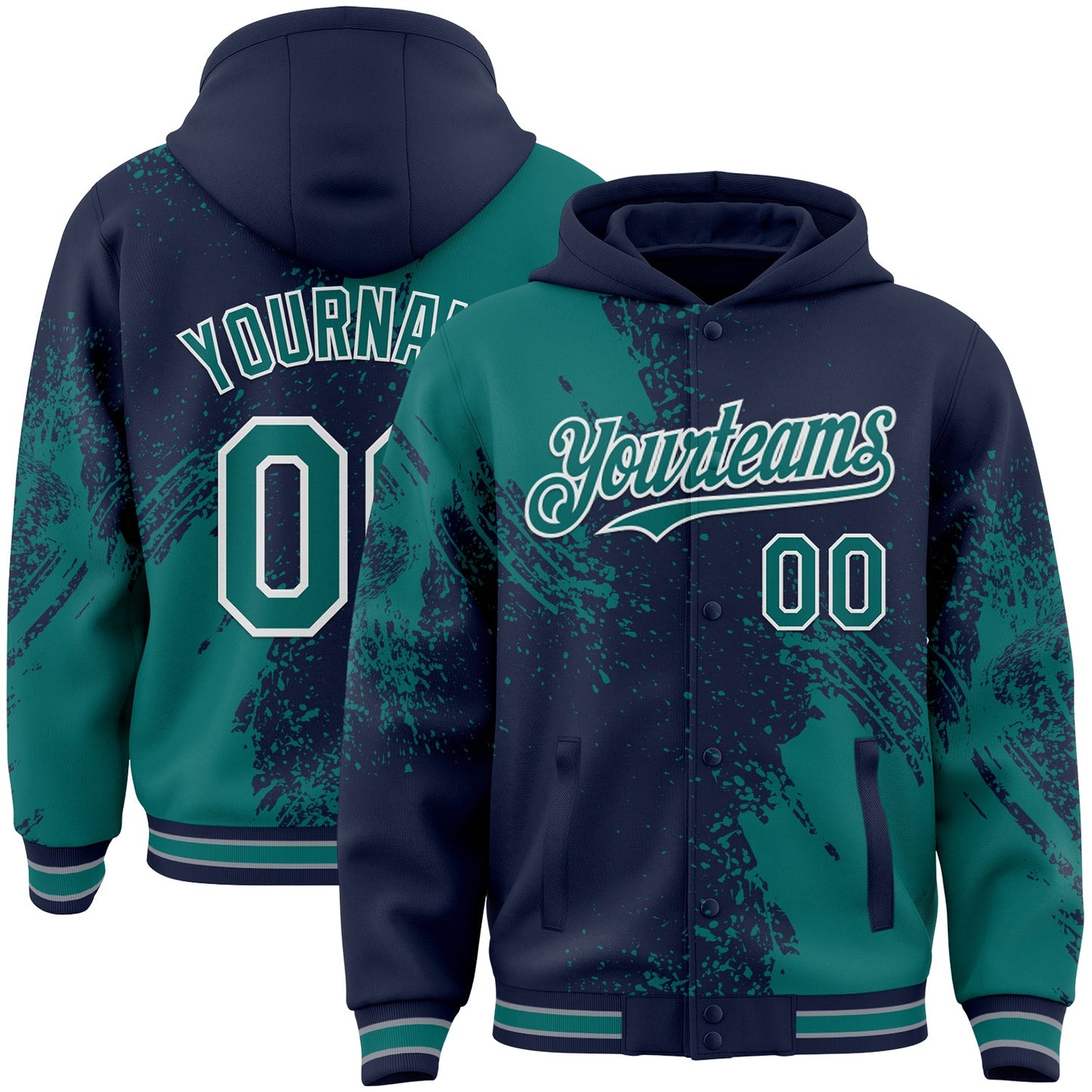 Custom Navy Teal-White Abstract Brush Stroke 3D Pattern Design Bomber Full-Snap Varsity Letterman Hoodie Jacket - Main View