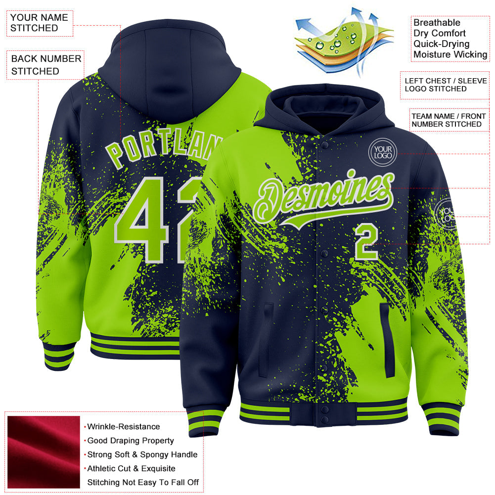 Custom Navy Neon Green-White Abstract Brush Stroke 3D Pattern Design Bomber Full-Snap Varsity Letterman Hoodie Jacket view 4