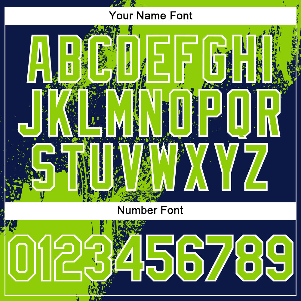 Custom Navy Neon Green-White Abstract Brush Stroke 3D Pattern Design Bomber Full-Snap Varsity Letterman Hoodie Jacket view 6