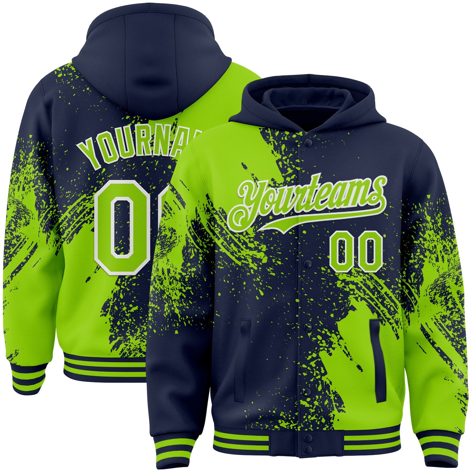 Custom Navy Neon Green-White Abstract Brush Stroke 3D Pattern Design Bomber Full-Snap Varsity Letterman Hoodie Jacket - Main View