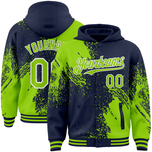 Custom Navy Neon Green-White Abstract Brush Stroke 3D Pattern Design Bomber Full-Snap Varsity Letterman Hoodie Jacket - Main View