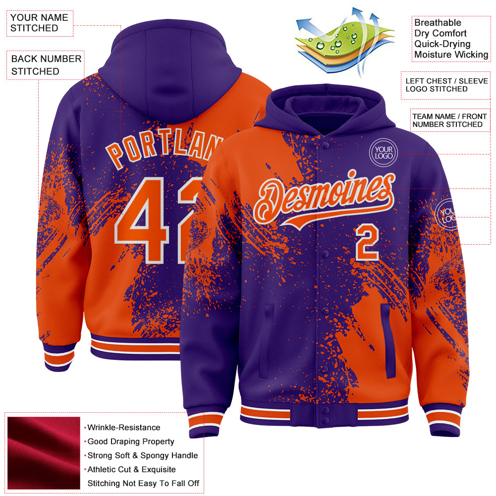 Custom Purple Orange-White Abstract Brush Stroke 3D Pattern Design Bomber Full-Snap Varsity Letterman Hoodie Jacket view 4