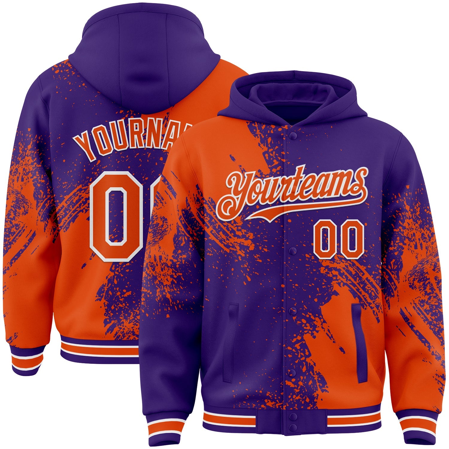Custom Purple Orange-White Abstract Brush Stroke 3D Pattern Design Bomber Full-Snap Varsity Letterman Hoodie Jacket - Main View