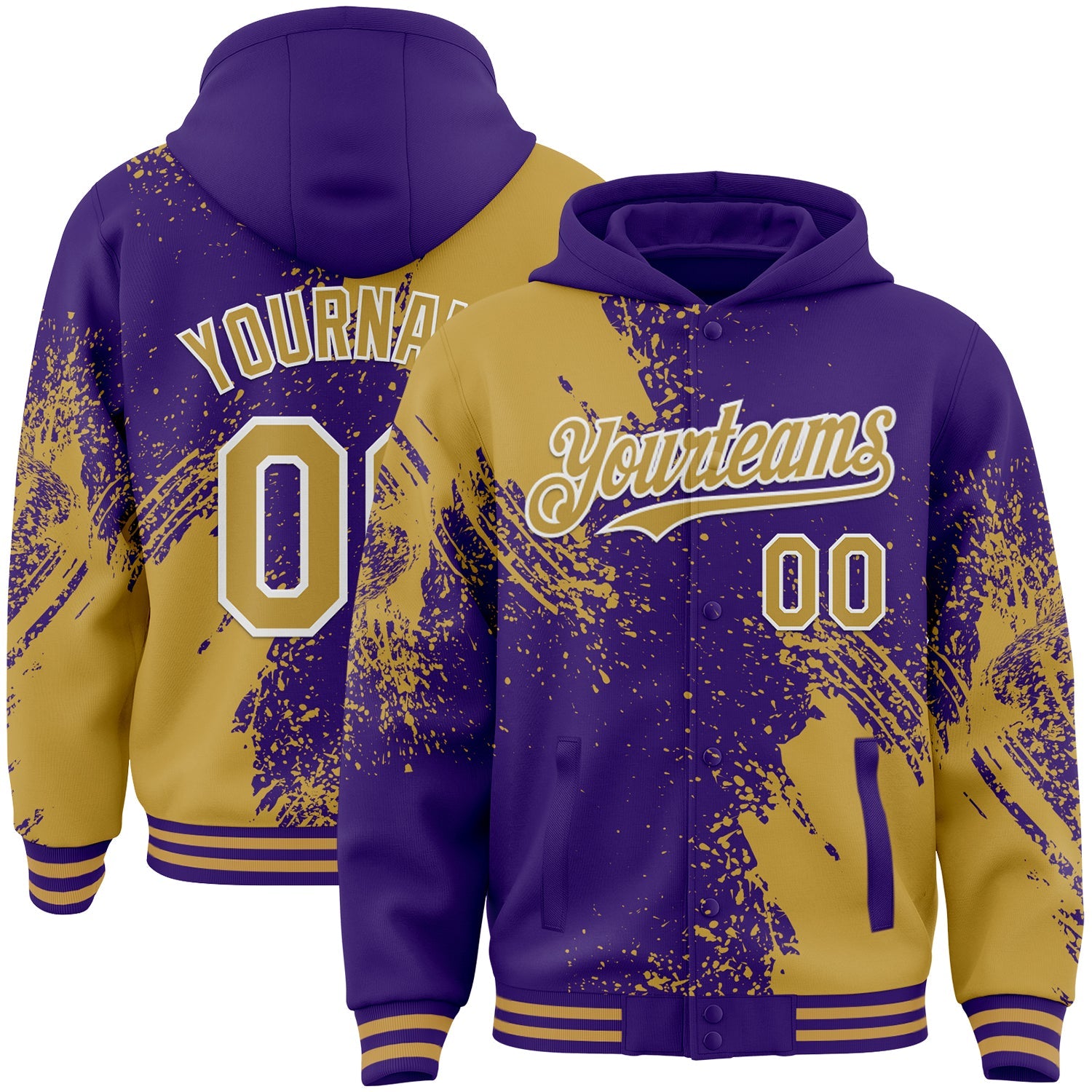 Custom Purple Old Gold-White Abstract Brush Stroke 3D Pattern Design Bomber Full-Snap Varsity Letterman Hoodie Jacket - Main View