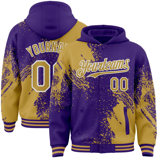 Custom Purple Old Gold-White Abstract Brush Stroke 3D Pattern Design Bomber Full-Snap Varsity Letterman Hoodie Jacket - Main View