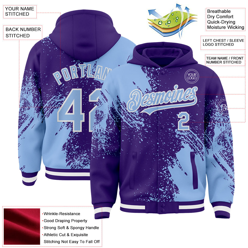 Custom Purple Light Blue-White Abstract Brush Stroke 3D Pattern Design Bomber Full-Snap Varsity Letterman Hoodie Jacket view 4