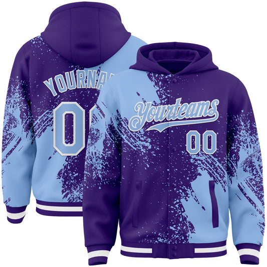 Custom Purple Light Blue-White Abstract Brush Stroke 3D Pattern Design Bomber Full-Snap Varsity Letterman Hoodie Jacket - Main View