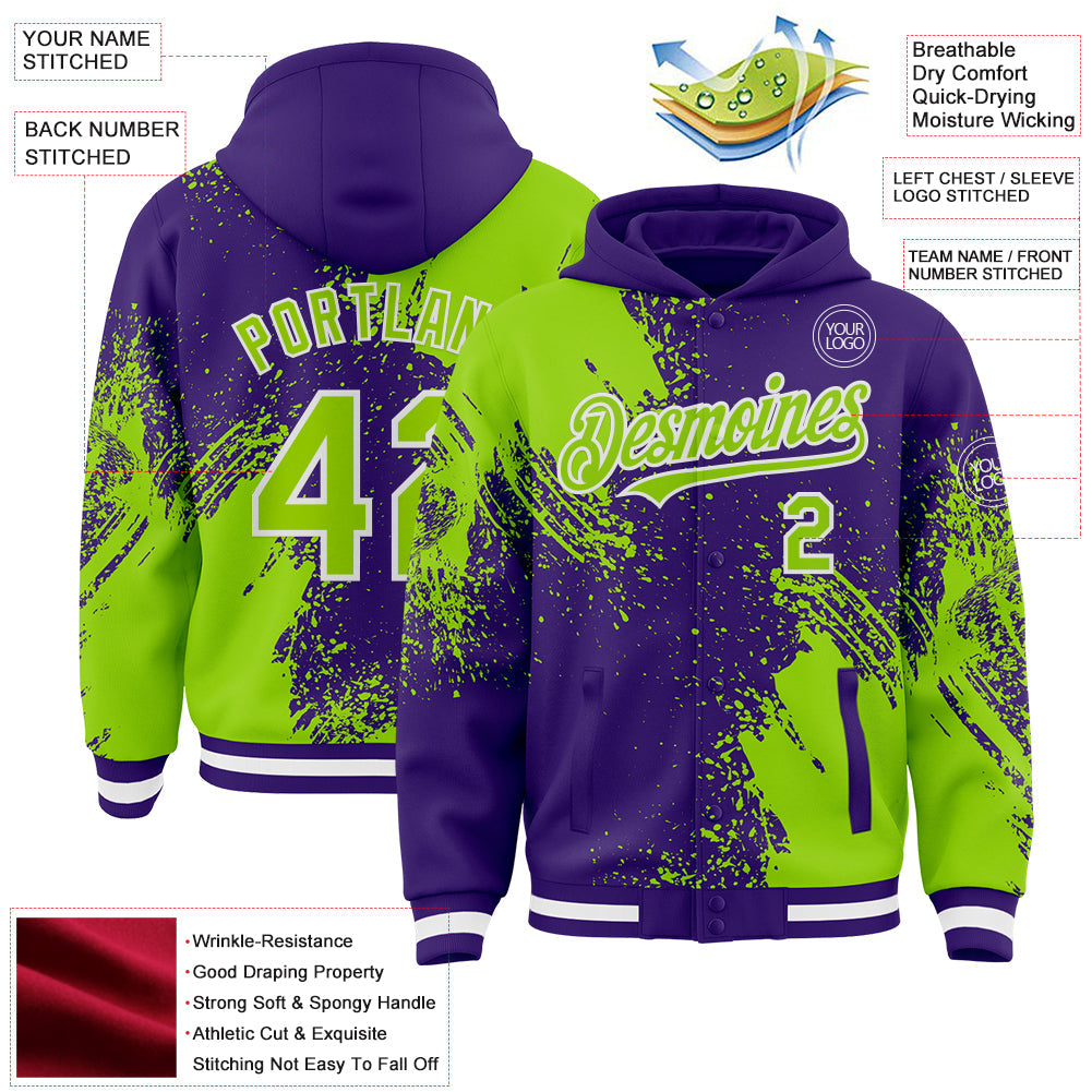 Custom Purple Neon Green-White Abstract Brush Stroke 3D Pattern Design Bomber Full-Snap Varsity Letterman Hoodie Jacket view 4