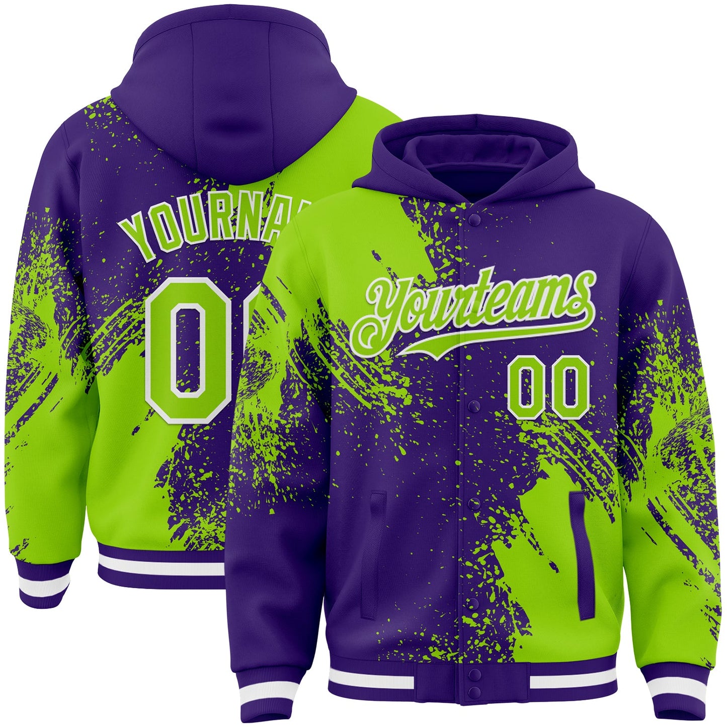 Custom Purple Neon Green-White Abstract Brush Stroke 3D Pattern Design Bomber Full-Snap Varsity Letterman Hoodie Jacket - Main View