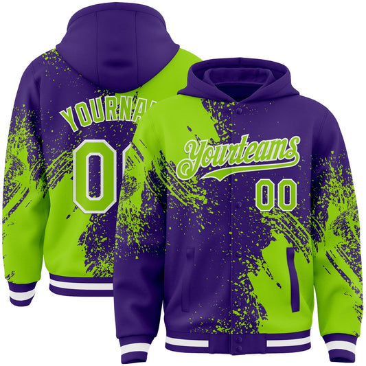 Custom Purple Neon Green-White Abstract Brush Stroke 3D Pattern Design Bomber Full-Snap Varsity Letterman Hoodie Jacket - Main View