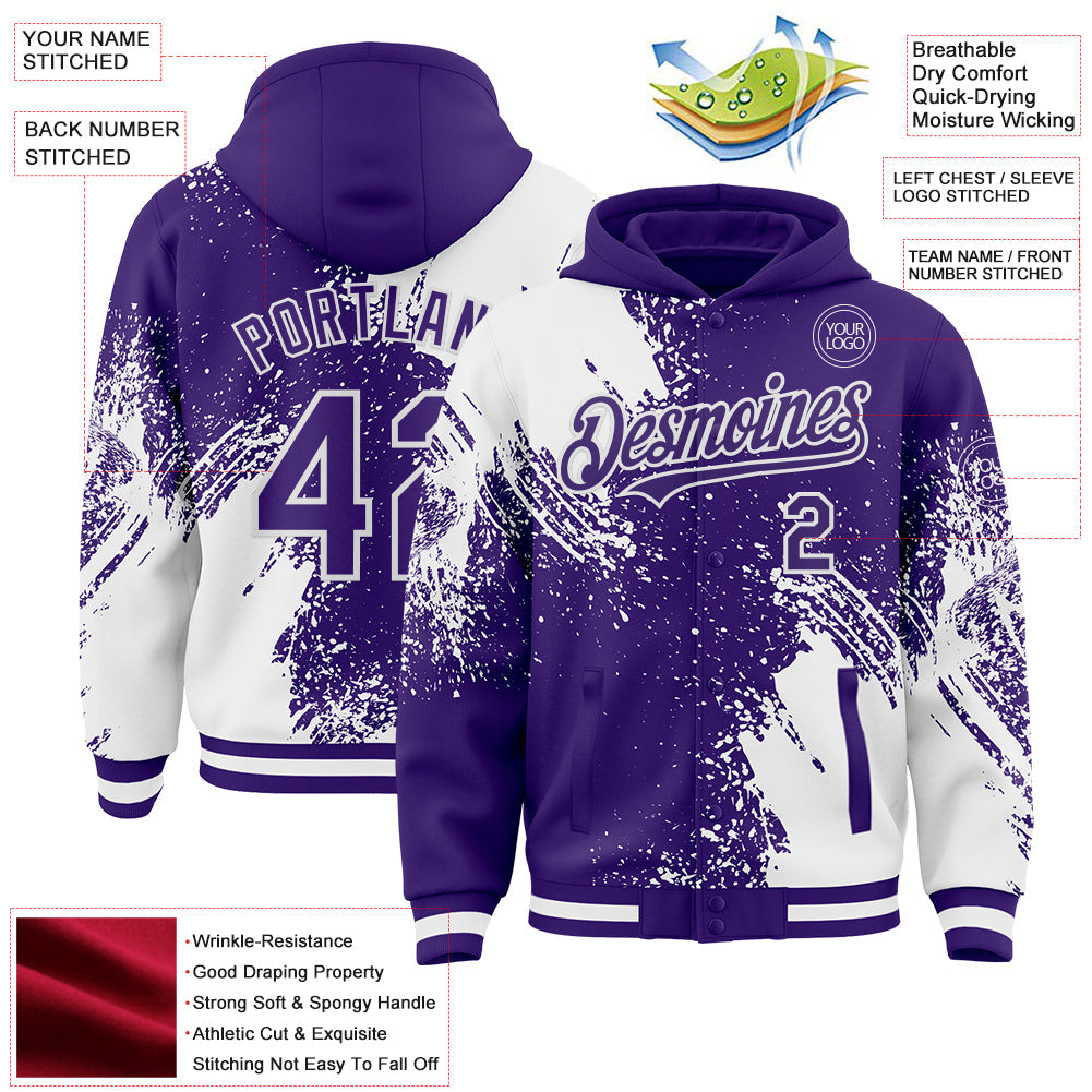 Custom Purple White Abstract Brush Stroke 3D Pattern Design Bomber Full-Snap Varsity Letterman Hoodie Jacket view 4