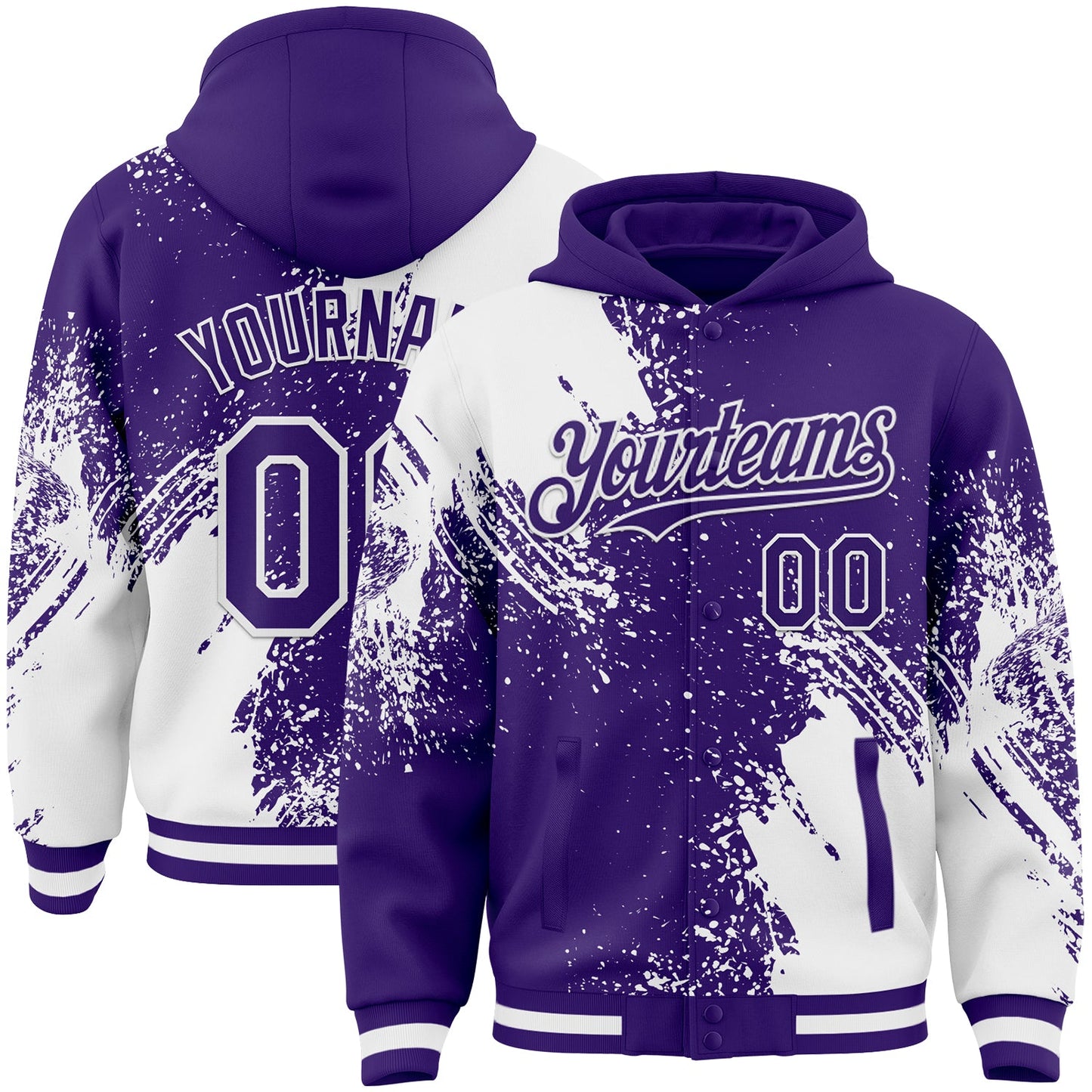 Custom Purple White Abstract Brush Stroke 3D Pattern Design Bomber Full-Snap Varsity Letterman Hoodie Jacket - Main View