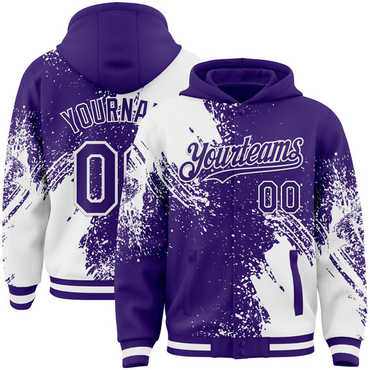 Custom Purple White Abstract Brush Stroke 3D Pattern Design Bomber Full-Snap Varsity Letterman Hoodie Jacket - Main View