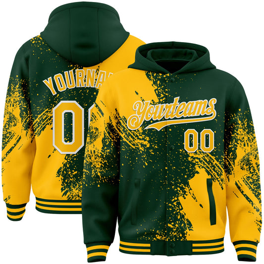 Custom Green Gold-White Abstract Brush Stroke 3D Pattern Design Bomber Full-Snap Varsity Letterman Hoodie Jacket - Main View