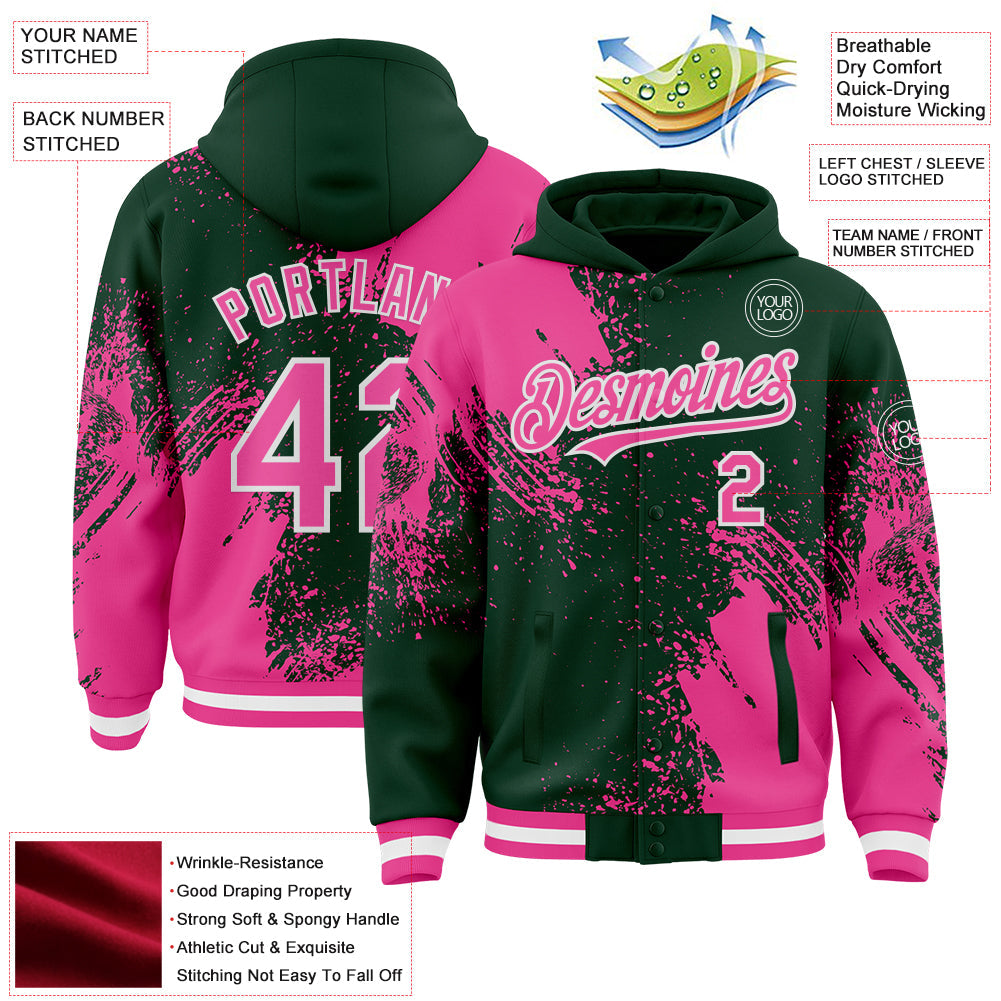 Custom Green Pink-White Abstract Brush Stroke 3D Pattern Design Bomber Full-Snap Varsity Letterman Hoodie Jacket view 4