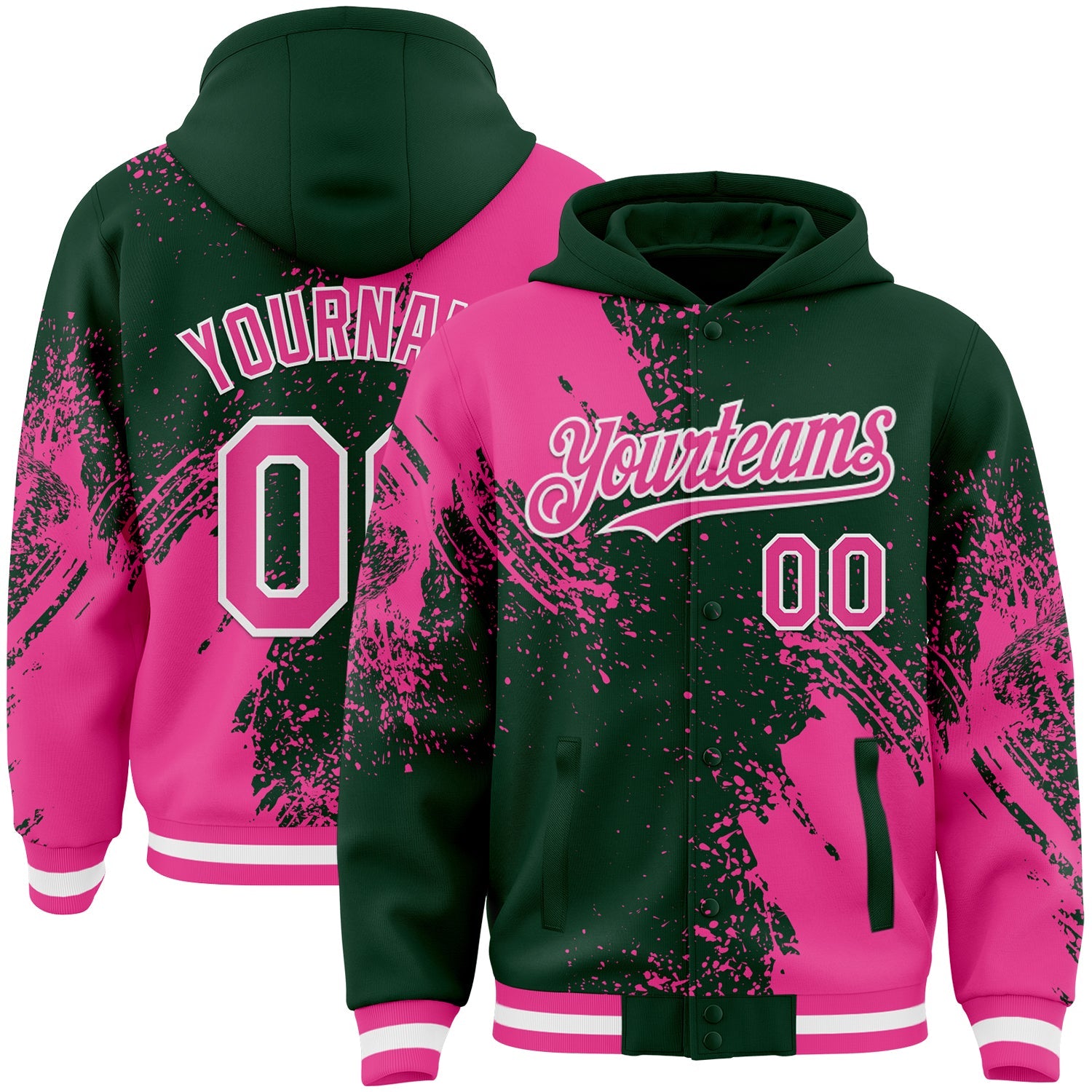 Custom Green Pink-White Abstract Brush Stroke 3D Pattern Design Bomber Full-Snap Varsity Letterman Hoodie Jacket - Main View