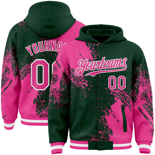 Custom Green Pink-White Abstract Brush Stroke 3D Pattern Design Bomber Full-Snap Varsity Letterman Hoodie Jacket - Main View