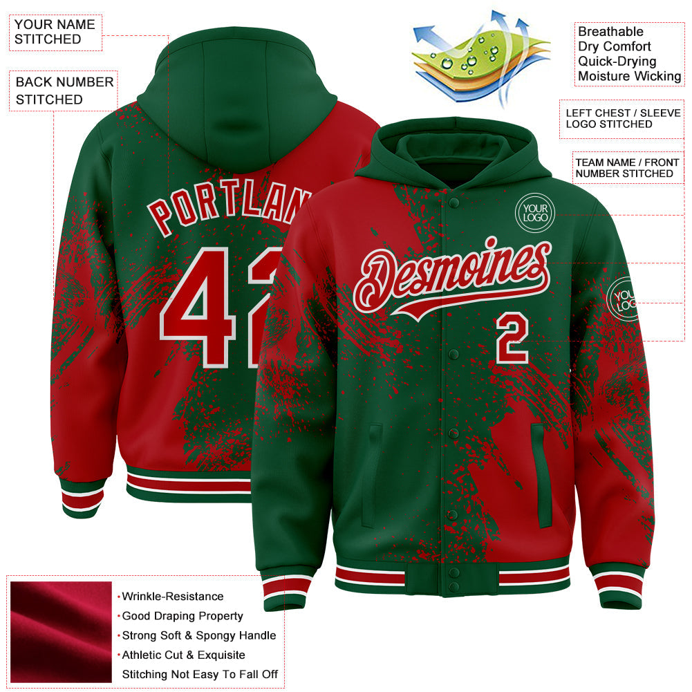 Custom Kelly Green Red-White Abstract Brush Stroke 3D Pattern Design Bomber Full-Snap Varsity Letterman Hoodie Jacket view 4