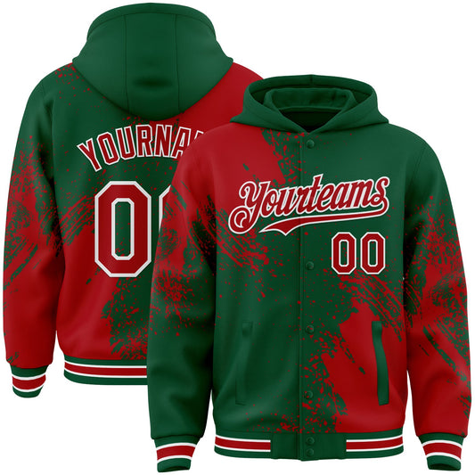 Custom Kelly Green Red-White Abstract Brush Stroke 3D Pattern Design Bomber Full-Snap Varsity Letterman Hoodie Jacket - Main View