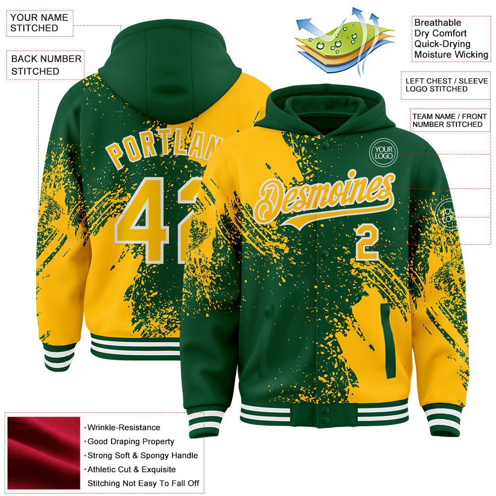 Custom Kelly Green Gold-White Abstract Brush Stroke 3D Pattern Design Bomber Full-Snap Varsity Letterman Hoodie Jacket view 4