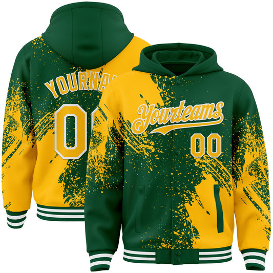 Custom Kelly Green Gold-White Abstract Brush Stroke 3D Pattern Design Bomber Full-Snap Varsity Letterman Hoodie Jacket - Main View