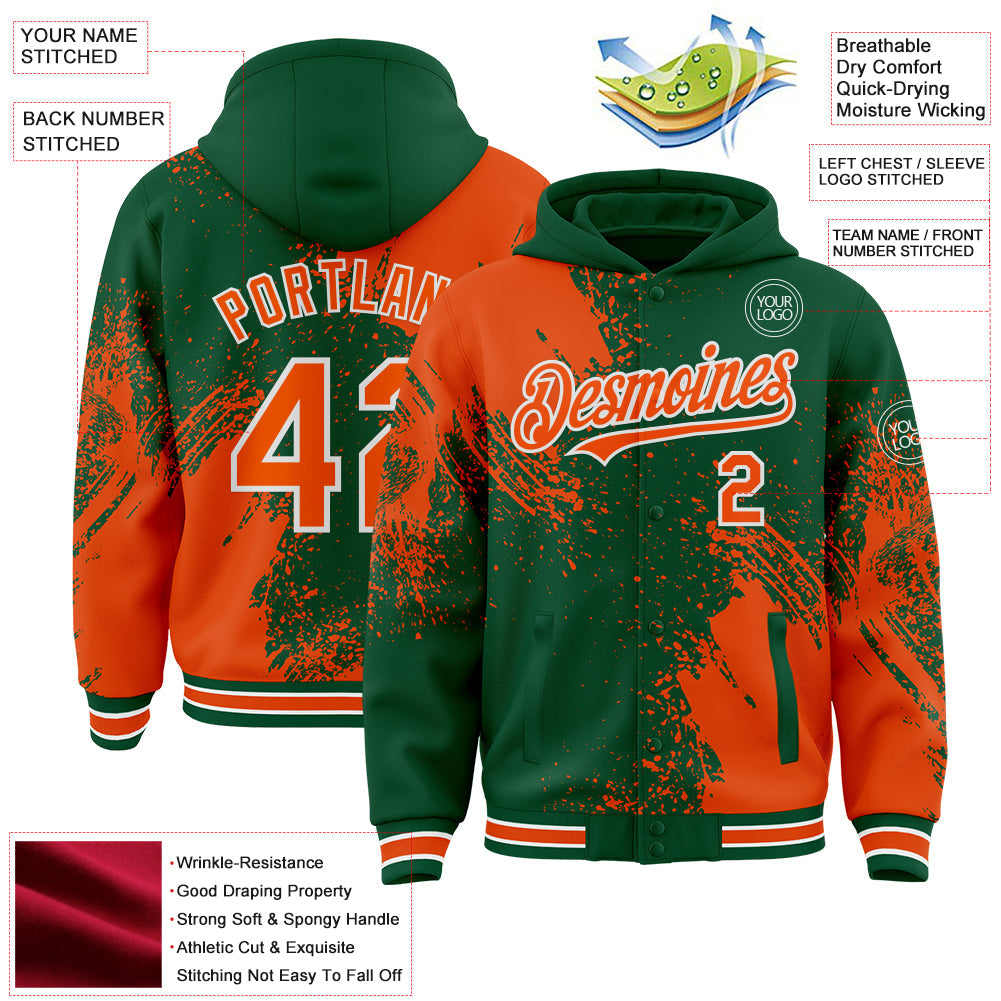 Custom Kelly Green Orange-White Abstract Brush Stroke 3D Pattern Design Bomber Full-Snap Varsity Letterman Hoodie Jacket view 4