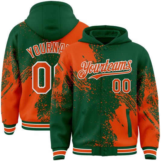 Custom Kelly Green Orange-White Abstract Brush Stroke 3D Pattern Design Bomber Full-Snap Varsity Letterman Hoodie Jacket - Main View