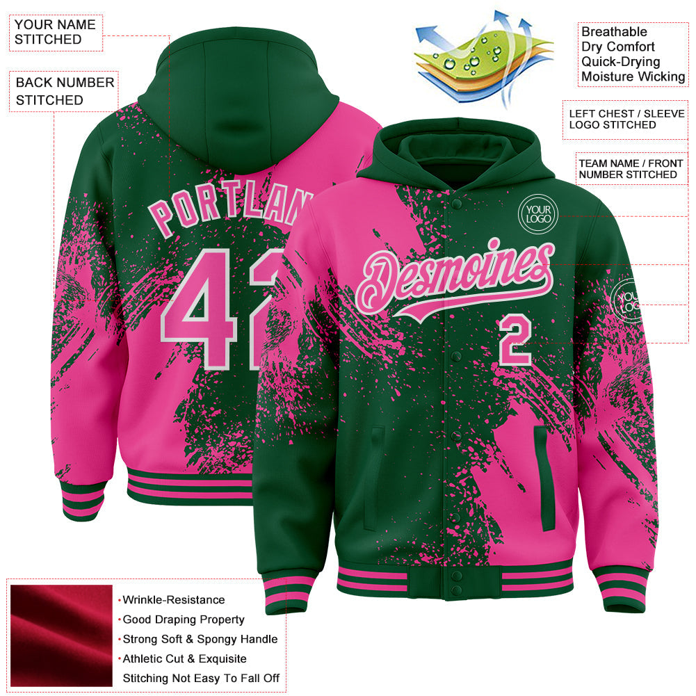 Custom Kelly Green Pink-White Abstract Brush Stroke 3D Pattern Design Bomber Full-Snap Varsity Letterman Hoodie Jacket view 4