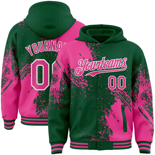Custom Kelly Green Pink-White Abstract Brush Stroke 3D Pattern Design Bomber Full-Snap Varsity Letterman Hoodie Jacket - Main View