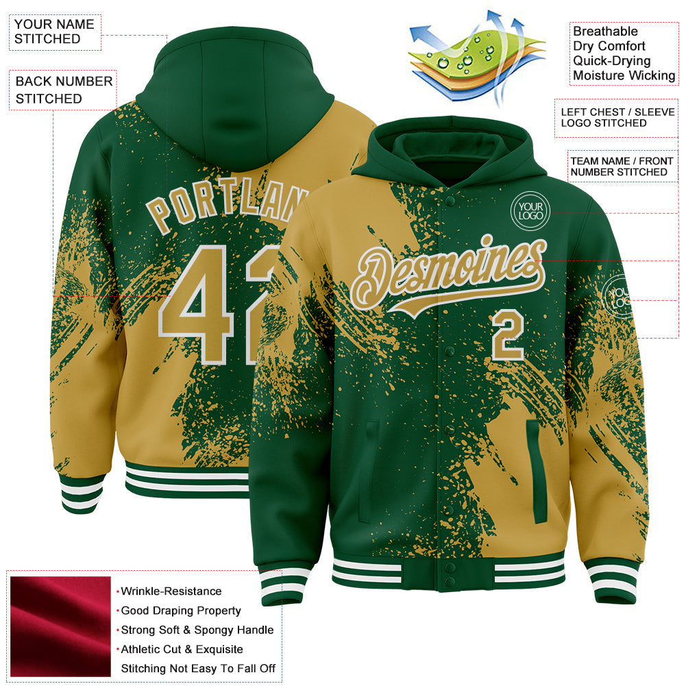 Custom Kelly Green Old Gold-White Abstract Brush Stroke 3D Pattern Design Bomber Full-Snap Varsity Letterman Hoodie Jacket view 4