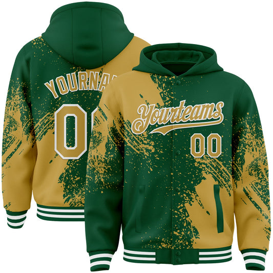 Custom Kelly Green Old Gold-White Abstract Brush Stroke 3D Pattern Design Bomber Full-Snap Varsity Letterman Hoodie Jacket - Main View