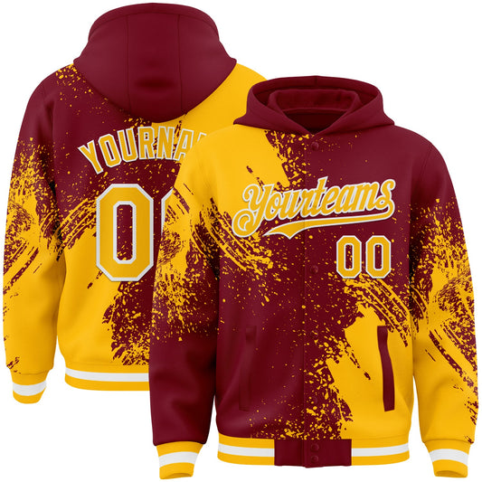 Custom Crimson Gold-White Abstract Brush Stroke 3D Pattern Design Bomber Full-Snap Varsity Letterman Hoodie Jacket - Main View