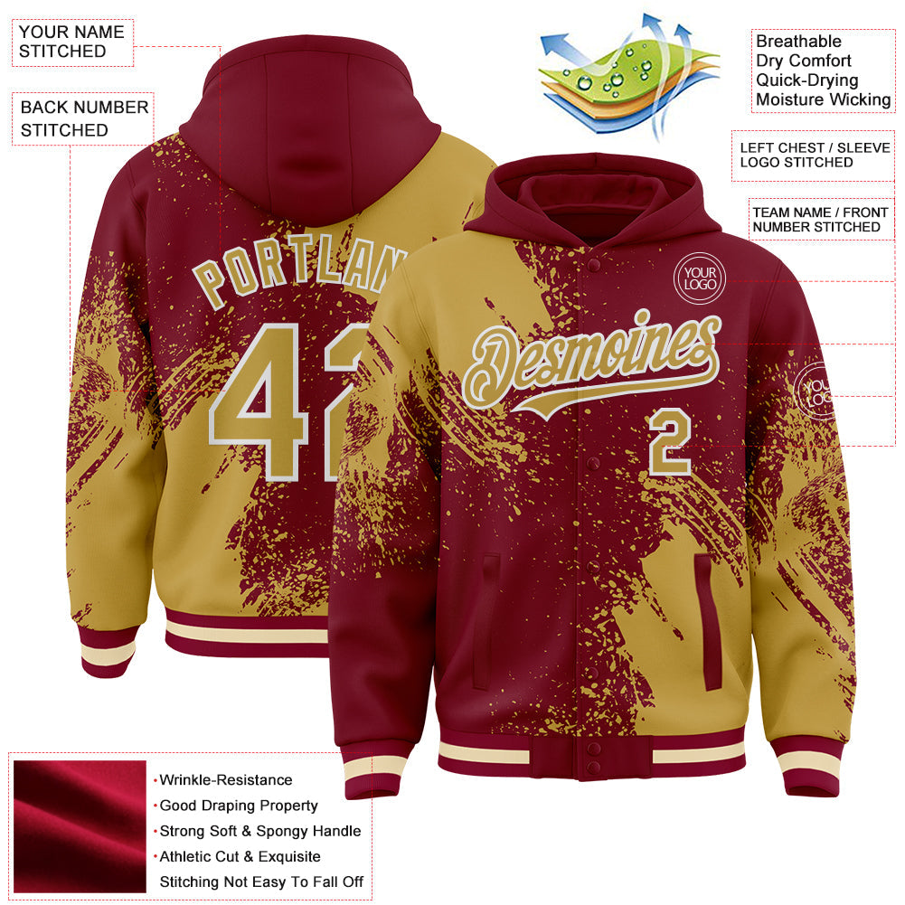 Custom Crimson Old Gold-White Abstract Brush Stroke 3D Pattern Design Bomber Full-Snap Varsity Letterman Hoodie Jacket view 4
