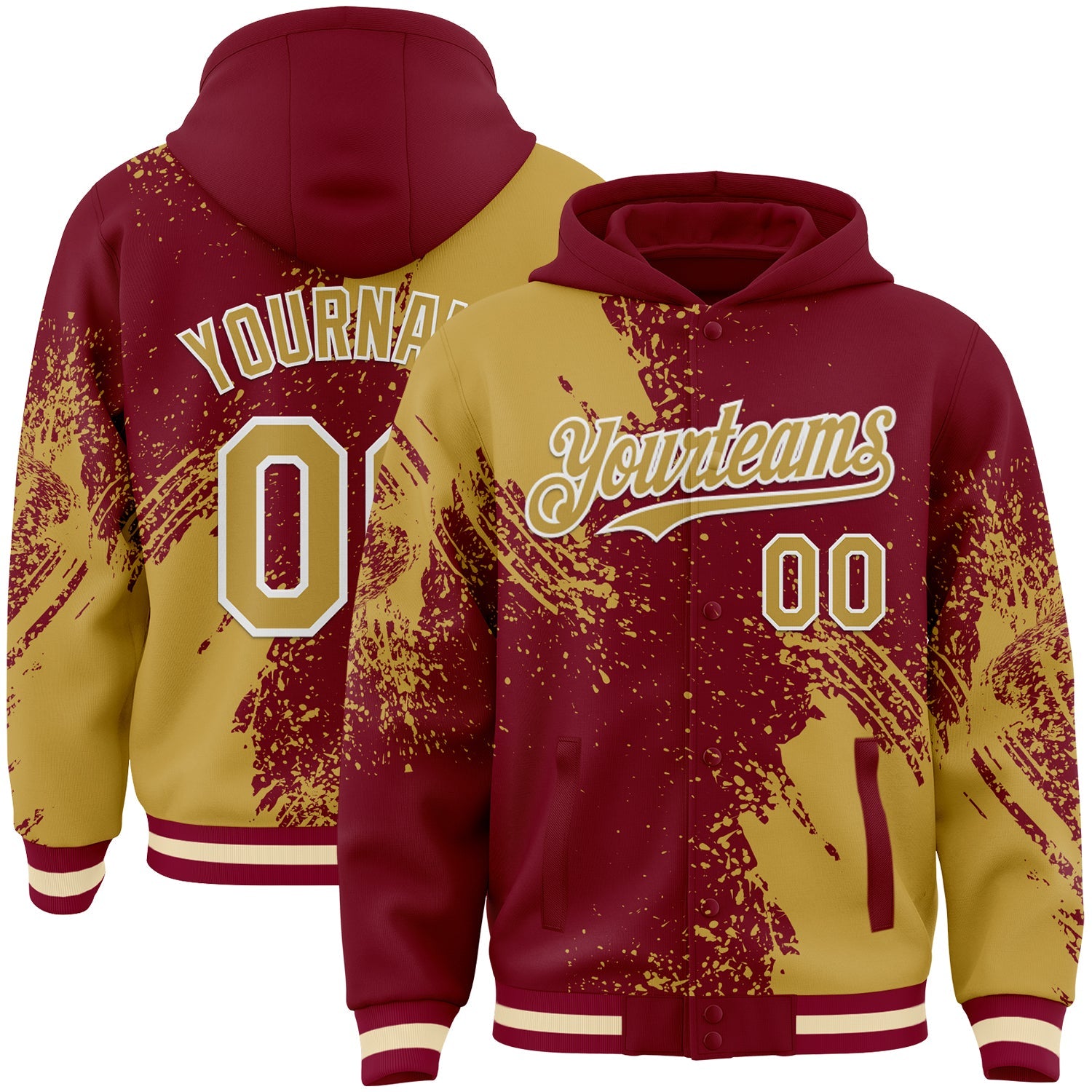 Custom Crimson Old Gold-White Abstract Brush Stroke 3D Pattern Design Bomber Full-Snap Varsity Letterman Hoodie Jacket - Main View