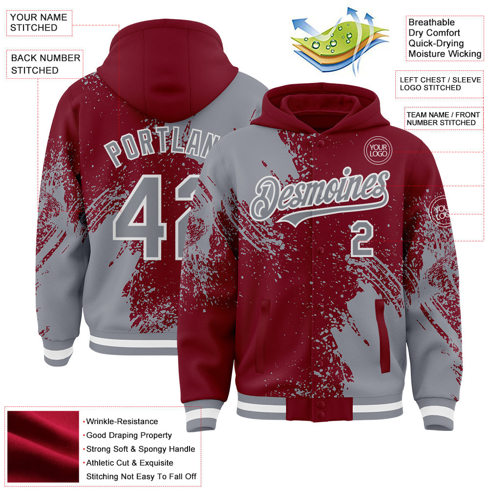 Custom Crimson Gray-White Abstract Brush Stroke 3D Pattern Design Bomber Full-Snap Varsity Letterman Hoodie Jacket view 4