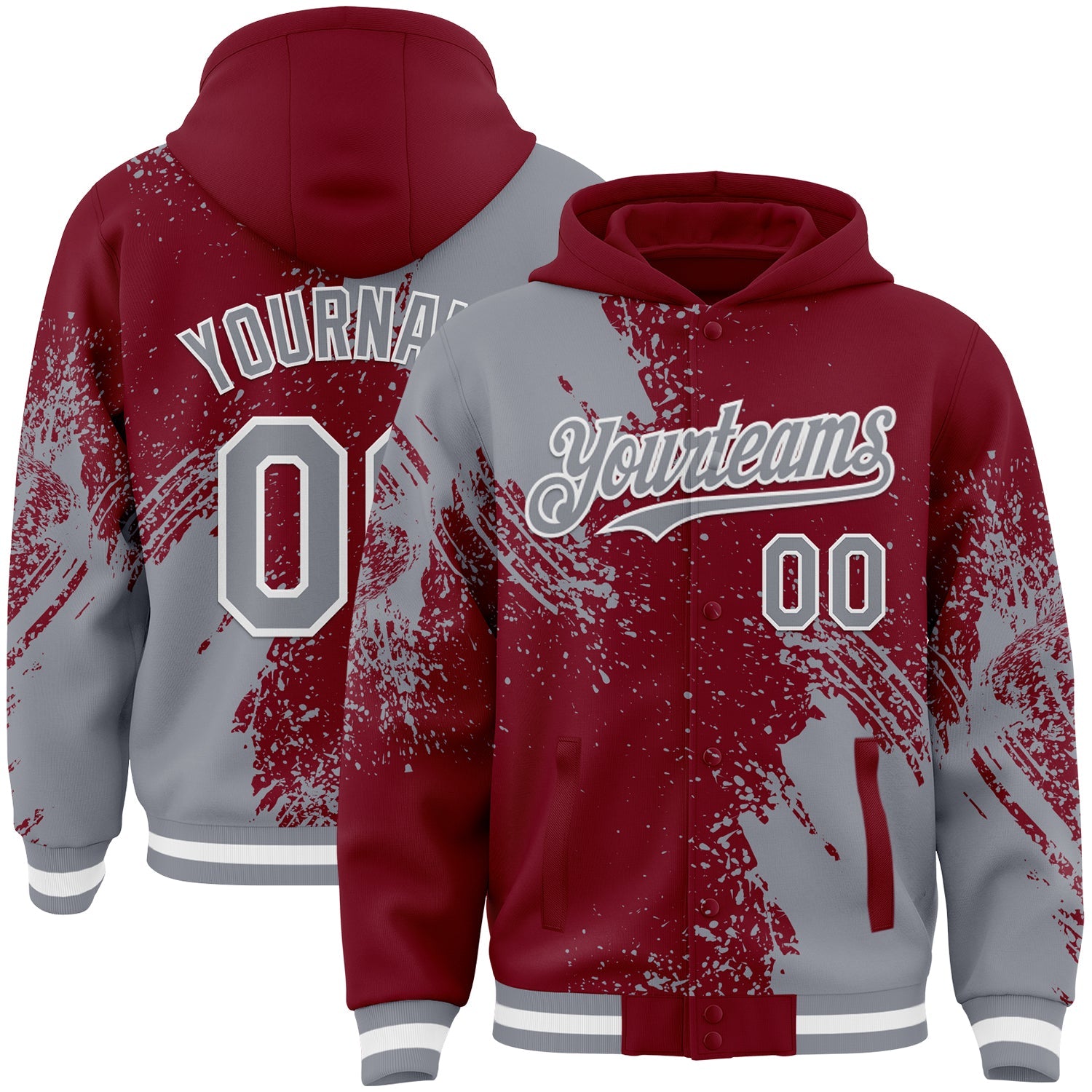 Custom Crimson Gray-White Abstract Brush Stroke 3D Pattern Design Bomber Full-Snap Varsity Letterman Hoodie Jacket - Main View