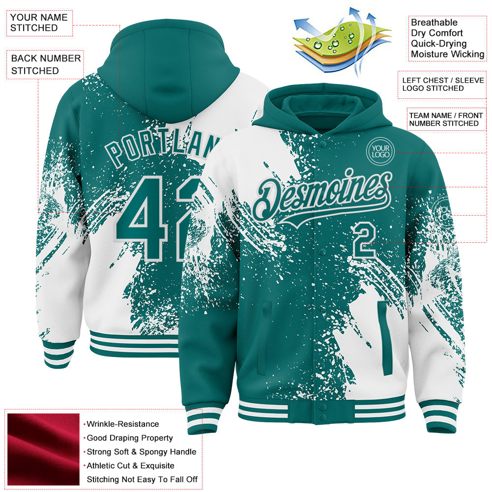 Custom Teal White Abstract Brush Stroke 3D Pattern Design Bomber Full-Snap Varsity Letterman Hoodie Jacket view 4