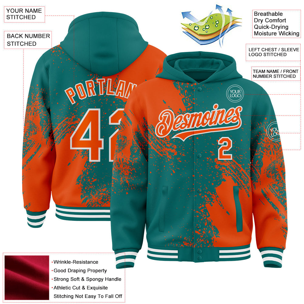 Custom Teal Orange-White Abstract Brush Stroke 3D Pattern Design Bomber Full-Snap Varsity Letterman Hoodie Jacket view 4
