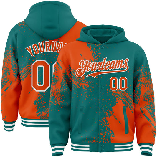 Custom Teal Orange-White Abstract Brush Stroke 3D Pattern Design Bomber Full-Snap Varsity Letterman Hoodie Jacket - Main View