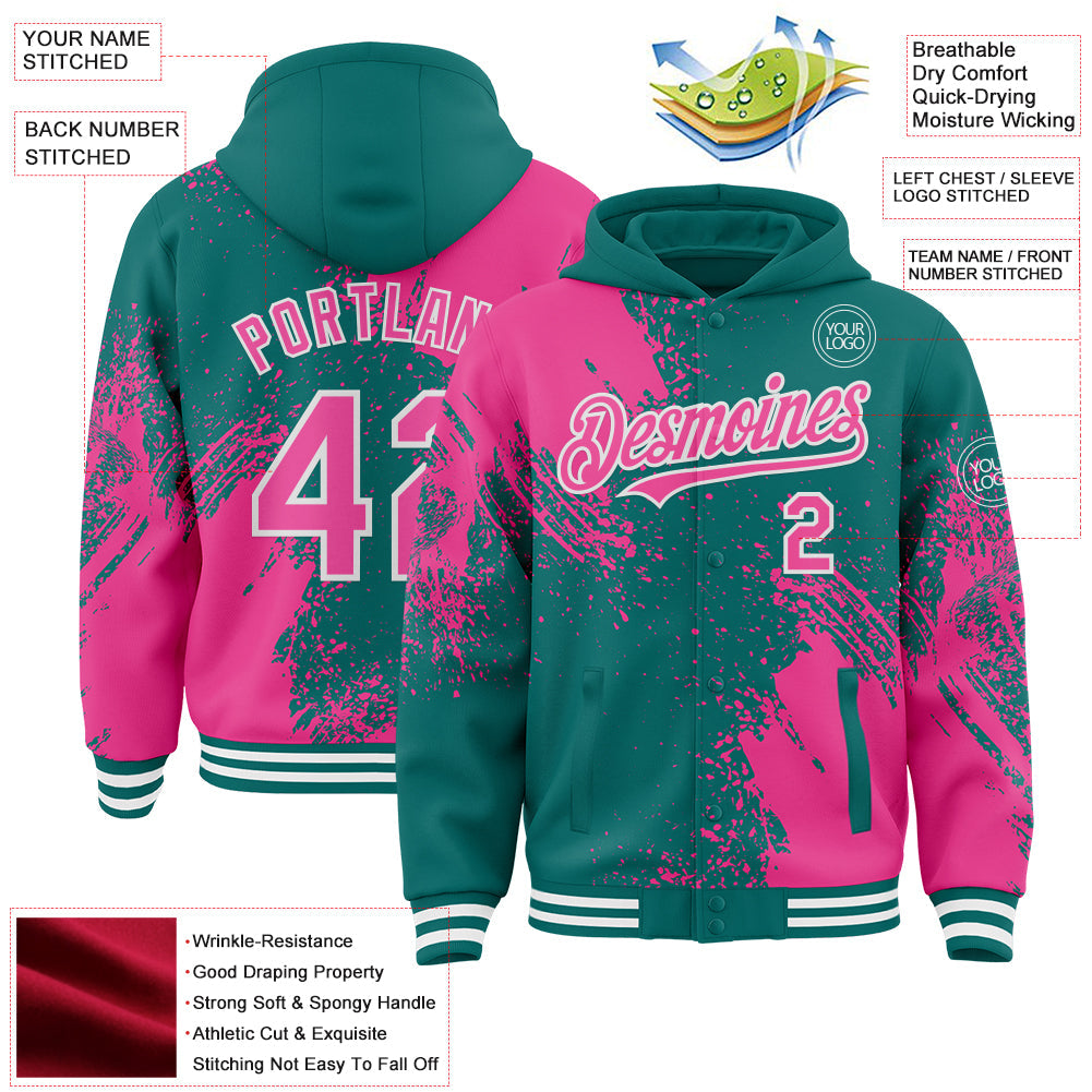 Custom Teal Pink-White Abstract Brush Stroke 3D Pattern Design Bomber Full-Snap Varsity Letterman Hoodie Jacket view 4