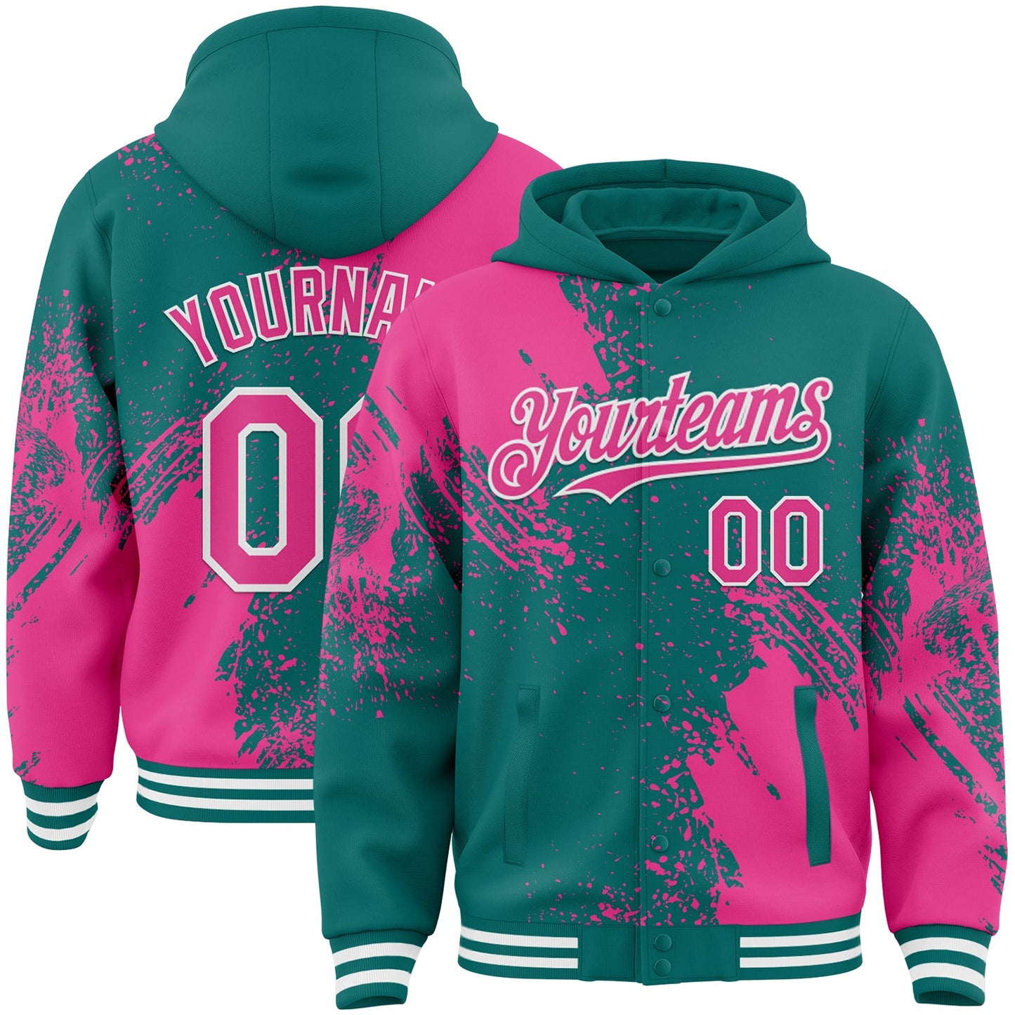Custom Teal Pink-White Abstract Brush Stroke 3D Pattern Design Bomber Full-Snap Varsity Letterman Hoodie Jacket - Main View