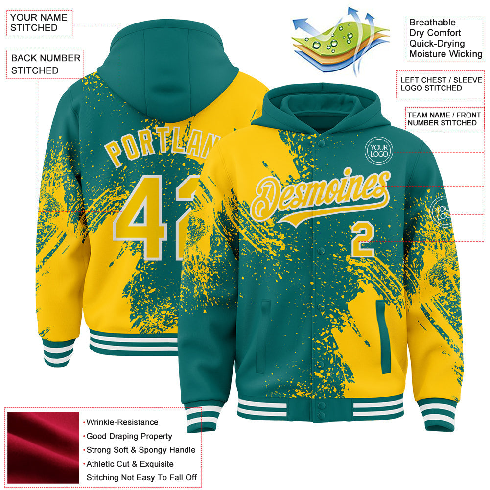 Custom Teal Yellow-White Abstract Brush Stroke 3D Pattern Design Bomber Full-Snap Varsity Letterman Hoodie Jacket view 4