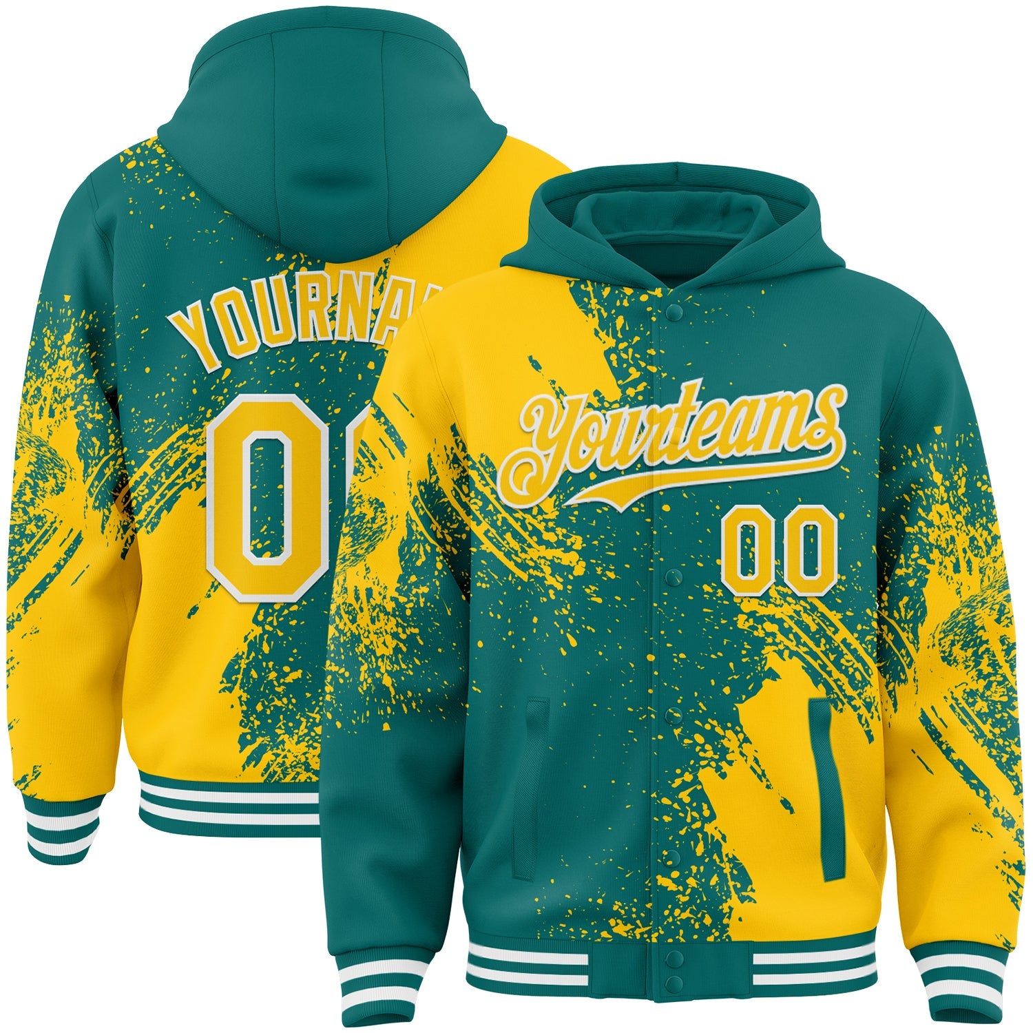 Custom Teal Yellow-White Abstract Brush Stroke 3D Pattern Design Bomber Full-Snap Varsity Letterman Hoodie Jacket - Main View